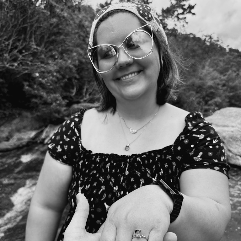 Katie right after Nick proposed at the top of a waterfall, Graveyard Fields, Pisgah National Forest